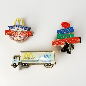 McDonald's Martin Bower Company Semi Lapel Pin, Monopoly 1998 Tack Pin, & Dr Pep